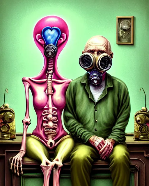 Prompt: Two old people, fleshy bones, wearing gas masks draped in silky gold, green and pink, connected to heart machines, inside an ornate hospital room, they sit next to a fireplace with swirling blue flames, the world is on fire, lost in despair, transhumanist speculative evolution, in the style of Adrian Ghenie, Esao Andrews, Jenny Saville, (((Edward Hopper))), surrealism, dark art, by David Cronenberg, Mariko Mori