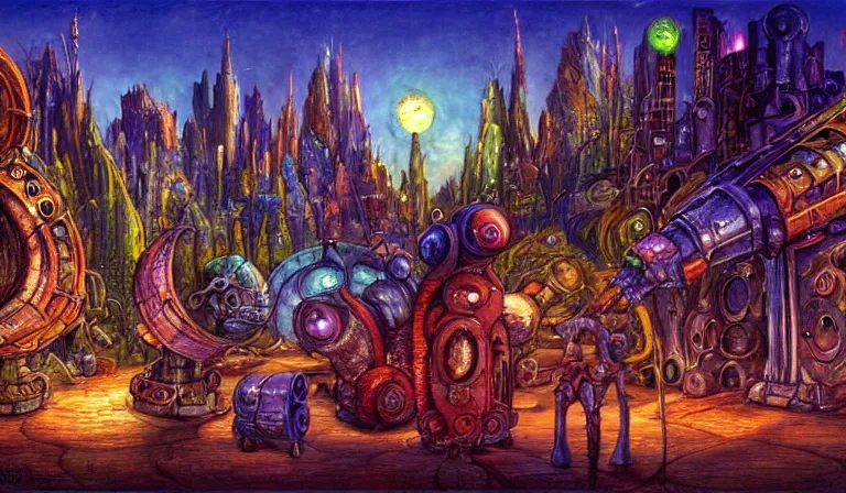 Image similar to fantasycore. magic the gathering art. street view of 1950s machinarium cityscape at night by Josephine Wall and Roger Dean and Moebius. cute gigantic 1950s robots. cel-shaded. glossy painting.