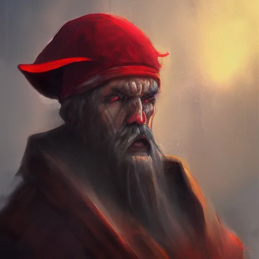 Image similar to A painting of an evil sorcerer, he has a red hat, by Guillaume Menuel, high detail, 8k, digital art