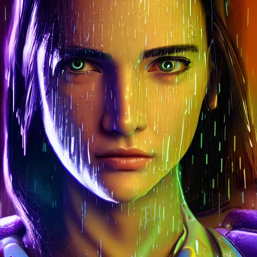 Prompt: young cyberpunk jennifer connelly, cartoon portrait made out of rain, realistic, highly detailed, neon, rendered in octane, unreal engine, rain, beautiful, trending on artstation, emotional