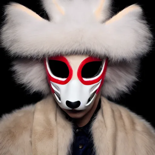 Prompt: a beautiful young male wearing a furry kitsune mask, photographed by erwin olaf for a fashion editorial, expensive art direction