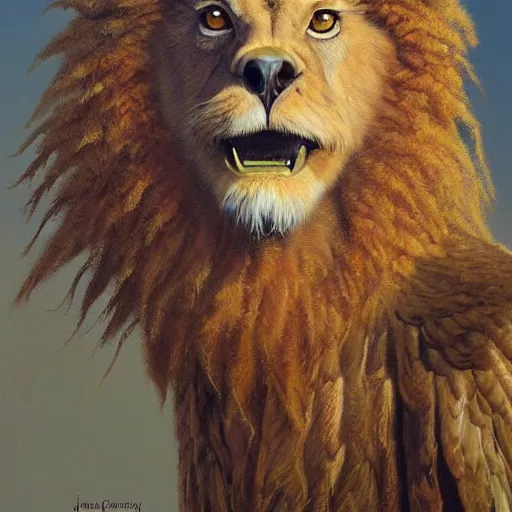 Image similar to a realistic oil painting portrait of a griffon, resembling a lion and and eagle, highly detailed, trending on artstation, by james gurney and michael whelan