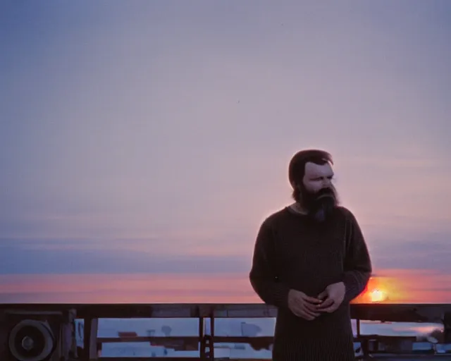 Image similar to lomographic tarkovsky film still of 4 0 years russian man with beard and sweater standing on small hrushevka 9 th floor balcony in taiga looking at sunset, perfect faces, cinestill, bokeh