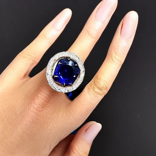 Image similar to a magnificent luxurious design of a female finger ring with a huge sapphire on which intricate patterns with interspersed small diamonds bend with a thin gold thread. hyper - realistic photo. full screen. very clear details.