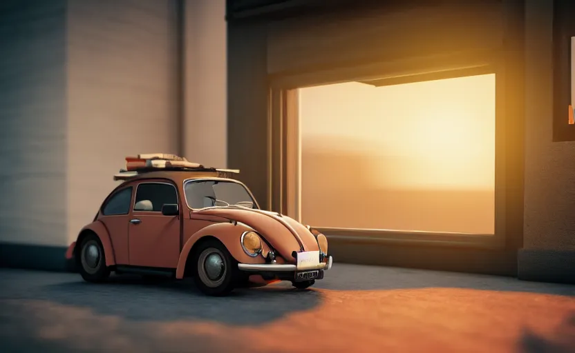 Image similar to a miniature of a VW Beetle on a bookshelf near a window at sunset, DOF, octane render, unreal engine 5, godrays, complementary colors, calm, symmetrical, highly detailed, high quality, 4k, beautiful, hyperrealistic