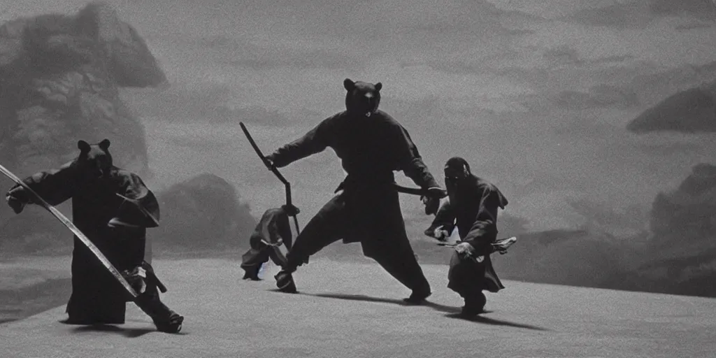 Image similar to scene from Shogun’s Shadow, 1989, movie still, cinematic, anthropomorphic, half man half asian black bear, black bear samurai, epic, samurai