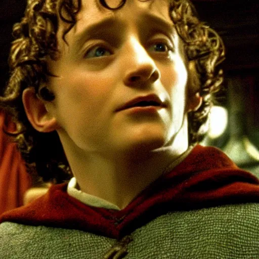 Prompt: still of frodo baggins looking up wearing the sorting hat, in harry potter and the philosopher's stone ( 2 0 0 1 )