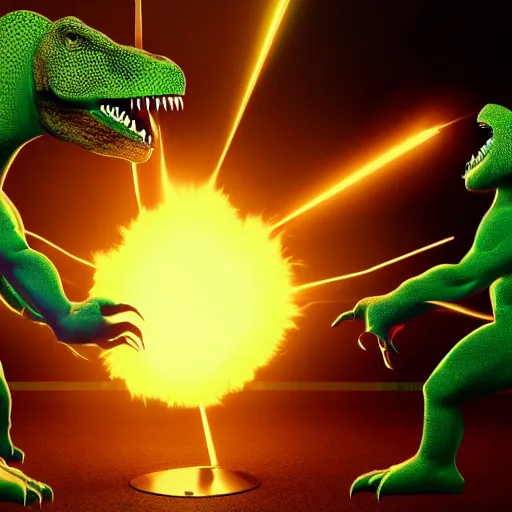 Image similar to a human punching with his right arm at a green tyrannosaurus rex creating a nuclear bomb explosion, 3 d, dynamic lighting, vivid imagery