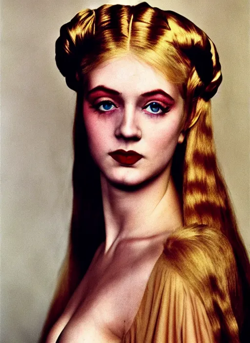 Prompt: young blonde woman in renaissance dress, color portrait by helmut newton