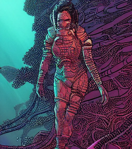 Image similar to a cyberpunk diver Polynesian woman swims through a dark alien coral reef, techwear, Industrial Scifi, detailed illustration, character portrait, by Martin Grip and Moebius