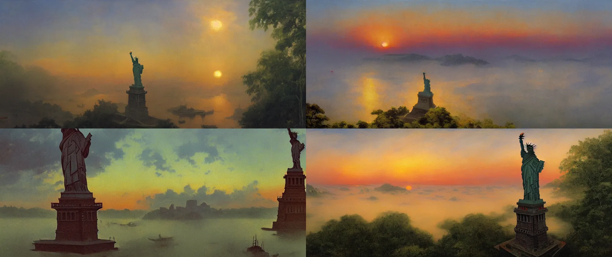 Prompt: head of statue of liberty covered with fog in lake in jungle with backlight , sunset oil painting panorama by frazetta