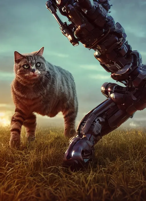 Image similar to giant cyborg cat on a dusky land, cinematic shot, intricate, ornate, photorealistic, ultra detailed, realistic, 1 0 0 mm, photography, octane, high definition, depth of field, bokeh, 8 k, artstation