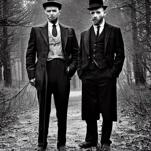 Prompt: medium long shot, 3 / 4 shot, full body, of clint eastwood and tom hardy posing, sharp eyes, serious expressions, in the style of peaky blinders, detailed, black and white, sharp, dreamy, misty woods, epic photo by talented photographer diane arbus