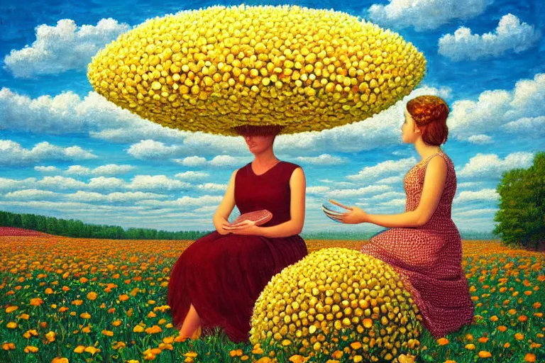 Image similar to giant daisy flower head, woman sitting, surreal, clouds in sky, impressionist painting, digital painting, artstation, rob gonsalves