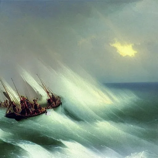 Image similar to the drawing depicts a huge wave about to crash down on three small boats. the boats are filled with people, and they all look terrified. catholicpunk by ivan aivazovsky curvaceous, ornamented