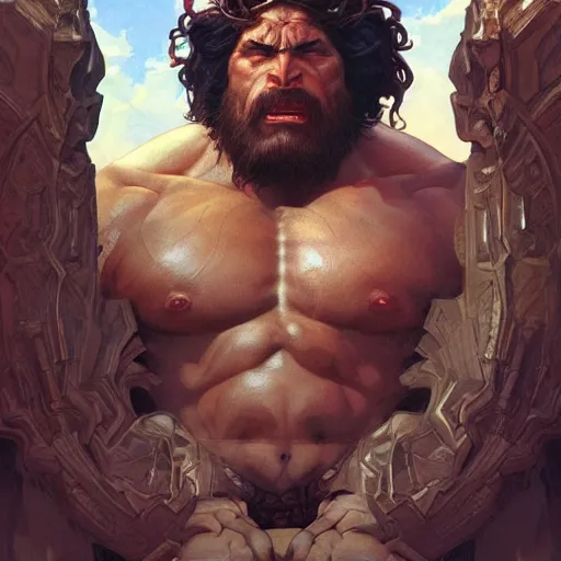 Image similar to hulking herculean ogre jesus christ, masterpiece, intricate, elegant, highly detailed, digital painting, artstation, concept art, smooth, sharp focus, illustration, art by artgerm and greg rutkowski and alphonse mucha and uang guangjian and gil elvgren and sachin teng, symmetry!!