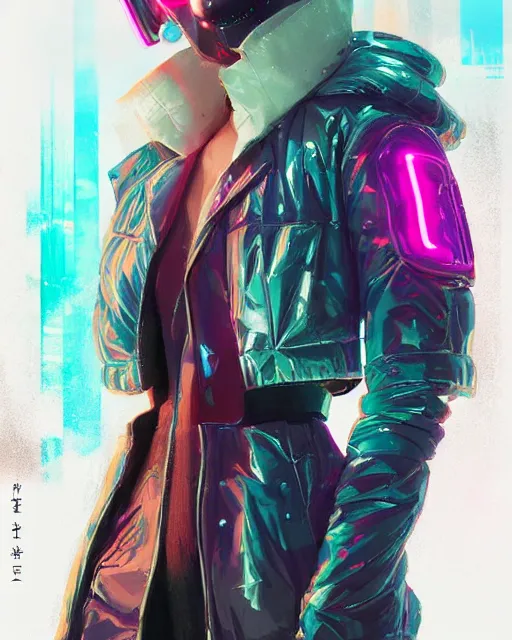 Image similar to neon operator margot robbie, cyberpunk futuristic neon, reflective puffy coat, decorated with traditional japanese ornaments by ismail inceoglu dragan bibin hans thoma greg rutkowski alexandros pyromallis nekro rene maritte illustrated, perfect face, fine details, realistic shaded, fine - face, pretty face