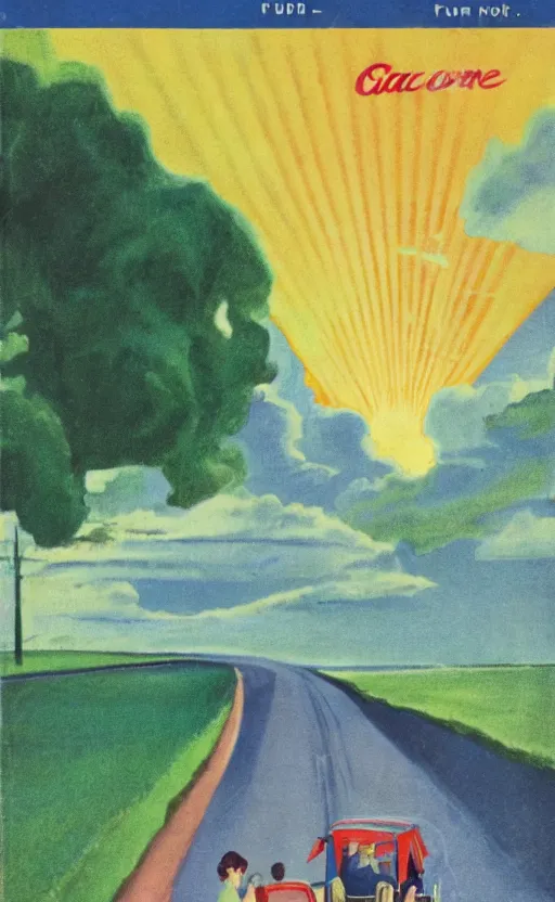 Image similar to paperback book cover. 1 9 5 0 s. pure colors, melting clouds, accurately drawn details, a sunburst above a receding road with the light reflected in furrows and ruts, after rain. and no girls.