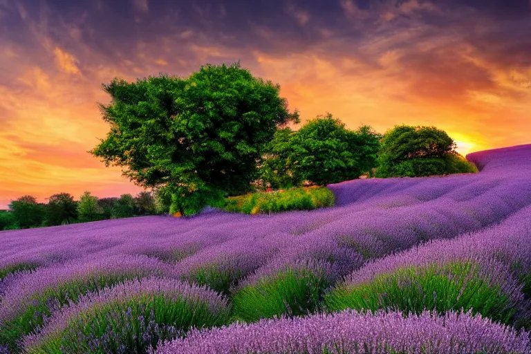 Image similar to beautiful scenery of a field of lavenders, one large tree, sunset, dramatic lighting