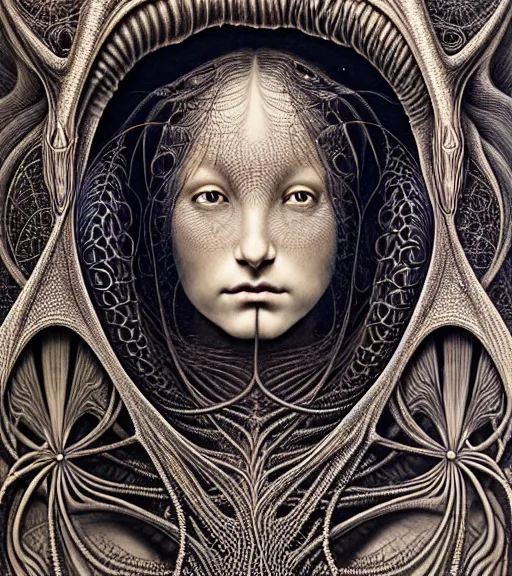 Prompt: detailed realistic beautiful dark goddess face portrait by jean delville, gustave dore, iris van herpen and marco mazzoni, art forms of nature by ernst haeckel, art nouveau, symbolist, visionary, gothic, neo - gothic, pre - raphaelite, fractal lace, intricate alien botanicals, ai biodiversity, surreality, hyperdetailed ultrasharp octane render