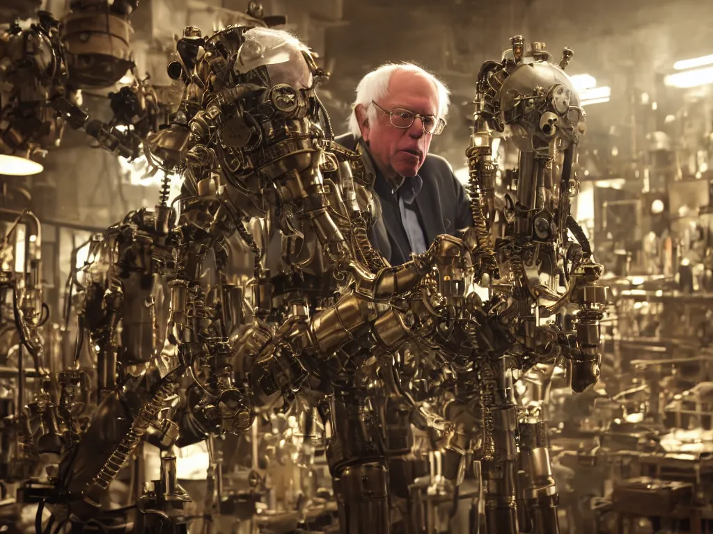 Image similar to bernie sanders building a steampunk clockwork doomsday robot, cinematic moody lighting, sharp focus, dirty laboratory, imax