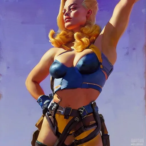 Image similar to greg manchess portrait of margot robbie as zarya from overwatch, epic grimdark, fantasy, medium shot, asymmetrical, profile picture, organic painting, sunny day, matte painting, bold shapes, hard edges, street art, trending on artstation, by huang guangjian and gil elvgren and sachin teng