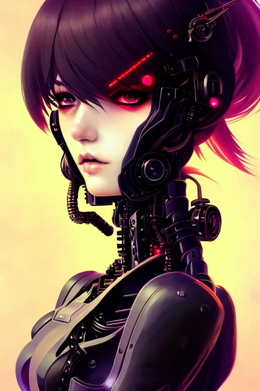 Image similar to portrait of beautiful young gothic cyborg anime maiden, cute-fine-face, pretty face, realistic shaded Perfect face, fine details. Anime, cyberpunk, Warhammer, highly detailed, artstation, illustration, art by Ilya Kuvshinov and Gustav Klimt