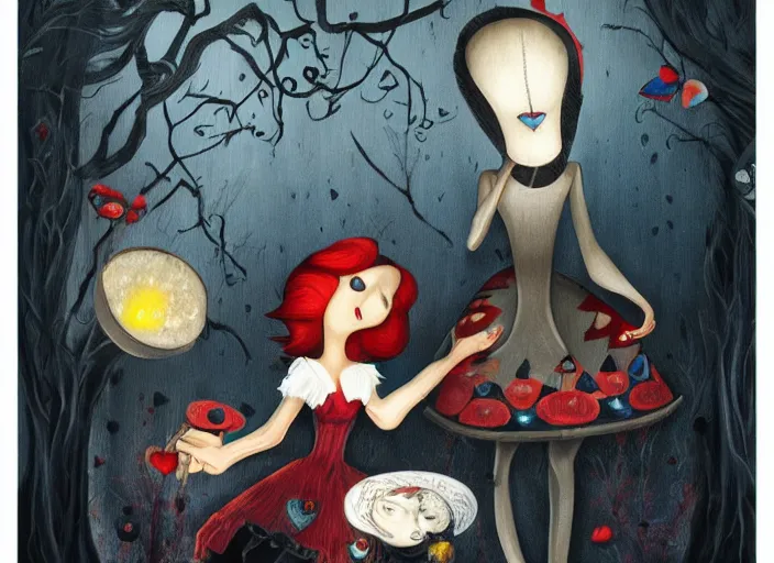 Image similar to alice joins a game of croquet with the queen of hearts, dramatic, art style megan duncanson and benjamin lacombe, super details, dark dull colors, ornate background, mysterious, eerie, sinister