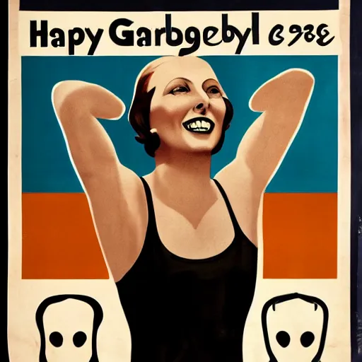 Prompt: a 1 9 2 8 poster. happy, healthy, smiling, sporty, glowing greta garbo in athletic wear.