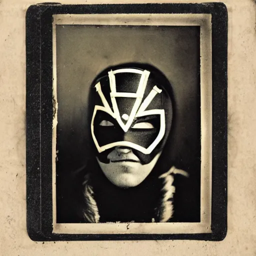 Image similar to tintype photographs of superheroes, masked wrestlers, technowizards