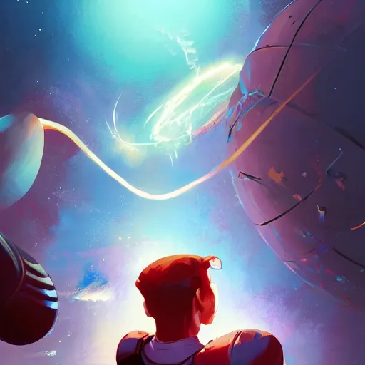 Prompt: a leather basketball as a comet zipping through space, hyper realistic, 8 k, behance hd artstation by jesper ejsing by rhads, makoto shinkai and lois van baarle, ilya kuvshinov, ossdraws