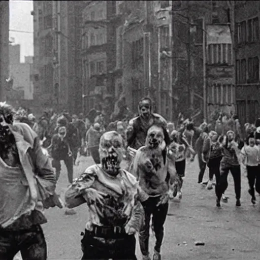 Prompt: zombie apocalypse on the streets of riga in 9 0 s, panic, horror, people running