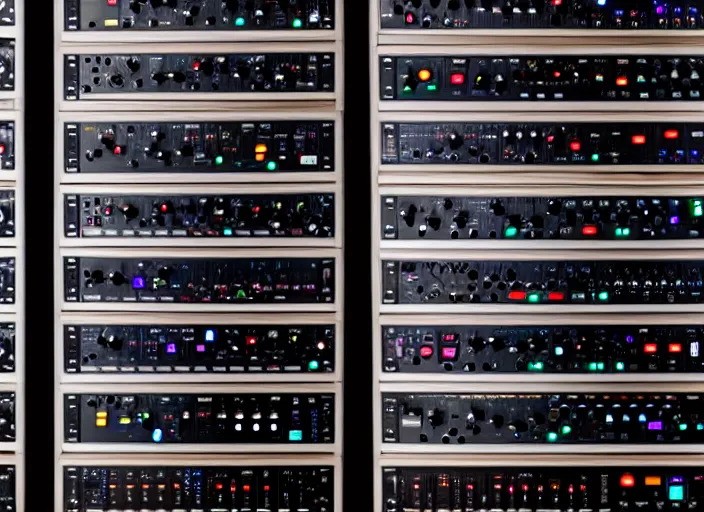 Image similar to photo still of a rack of synthesizers, 8 k