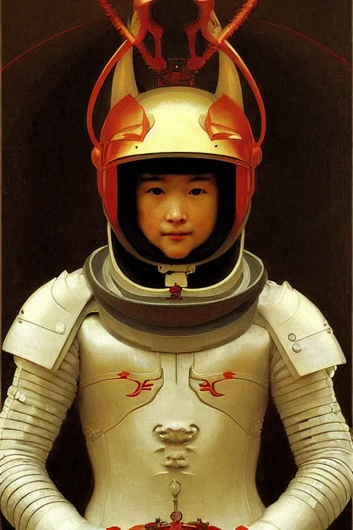 Image similar to portrait of a evil dragon astronaut with chinese dragon armor and helmet, majestic, solemn, by bouguereau