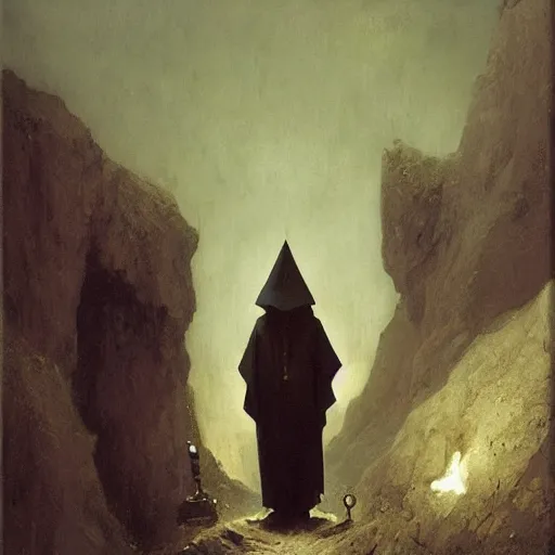 Image similar to portrait of a small pale cowardly man wearing dark hood, fantasy artwork, frightened look, high fantasy, by karl spitzweg