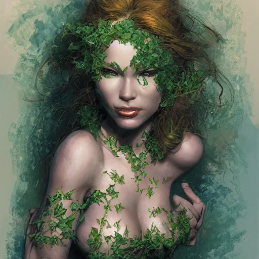 Prompt: poison ivy, fantasy character portrait, ultra realistic, concept art, intricate details, highly detailed, wide angle, by andrew robinson, gaston bussiere, craig mullins, simon bisley