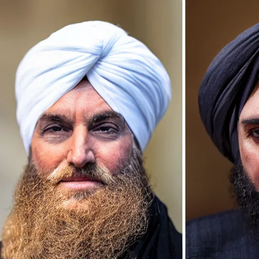 Prompt: a portrait of donald trump wearing a long beard and a turban joining the taliban, fine details, close up, 8 k photography, depth of field, bokeh. i