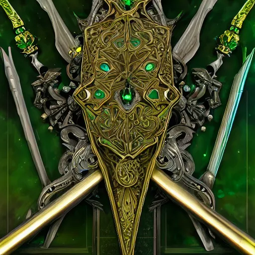 Image similar to symmetric, green fantasy sword, intricate, elegant, highly detailed, digital painting, 4k, HDR, concept art, detailed jewelry, smooth, sharp focus, illustration, matte finish, high contrast, 3d depth, masterpiece, vivid colors, artstationhd