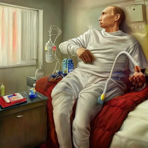 Image similar to hyperrealistic painting of very ill Vladimir Putin as a patient wearing an oxygen mask on a death bed inhaling from Copium tank that stand near his bed, dimly lit cozy tavern, leather tunic, confident relaxed pose, d&d, stunning 3d render inspired art by Tim Okamura and Lise Deharme + perfect facial symmetry + dim volumetric lighting, 8k octane beautifully detailed render, post-processing, extremely hyperdetailed, intricate, epic composition, grim yet sparkling atmosphere, cinematic lighting + masterpiece, trending on artstation, very very detailed, masterpiece, stunning