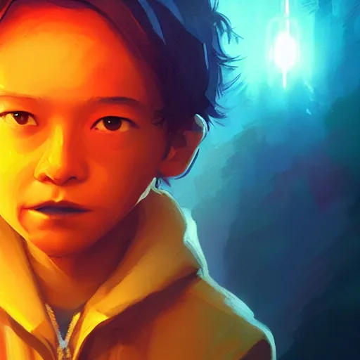 Prompt: a stylized portrait of a young boy as a wizard, stylized, arcane magic, orange vapor, neon color, vivid color, lens flare, volumetric light from above, background by liam wong, art by raymond swanland + marc simonetti + greg rutkowski + harumi hironaka