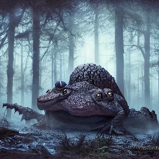 Image similar to giant evil toads in the forest, toads, foggy, atmospheric, highly detailed, hyperrealistic, gothic horror, by randy vargas