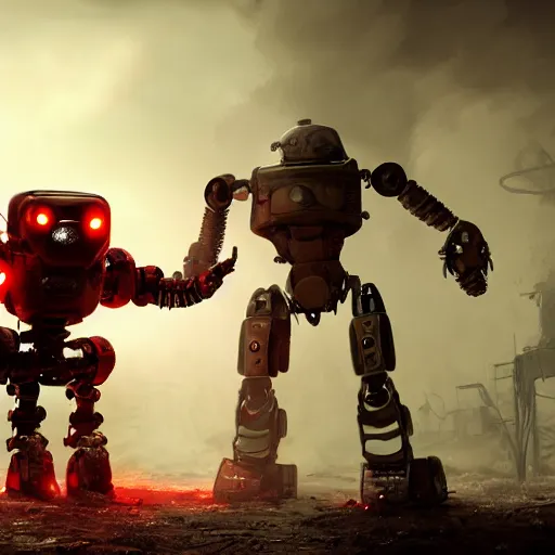 Image similar to post - apocalyptic, a very strong robot with red enerygies shaking the hand with a mighty alien creature that has multiple eyes. smoke. volumetric lighting, sharp focus, ultra detailed, cgsociety