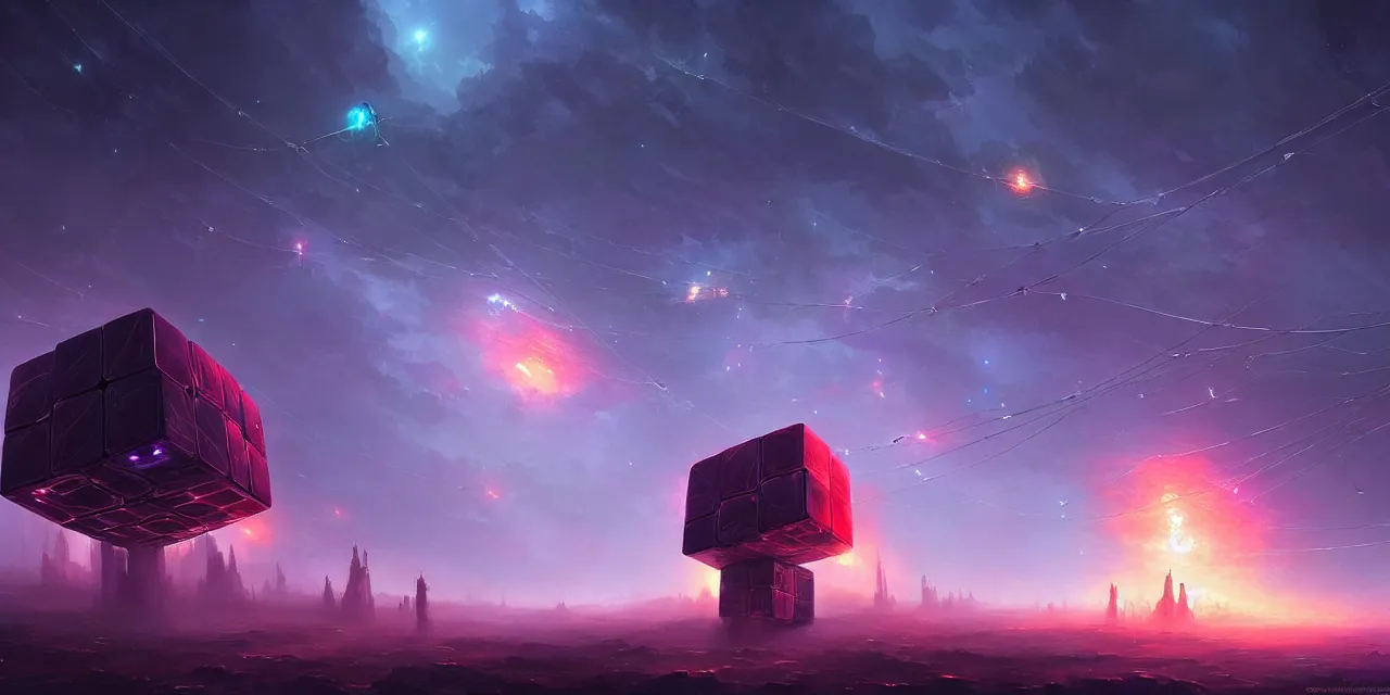 Prompt: a fleet of giant glowing futuristic cubes tied to each other with lots of thick messy wires in the sky, a fantasy magical landscape seen in the distance, atmospheric lighting, intricate, volumetric lighting, beautiful, sharp focus, ultra detailed, in the art style of marc simonetti, bowater charlie and brom gerald, astrophotography