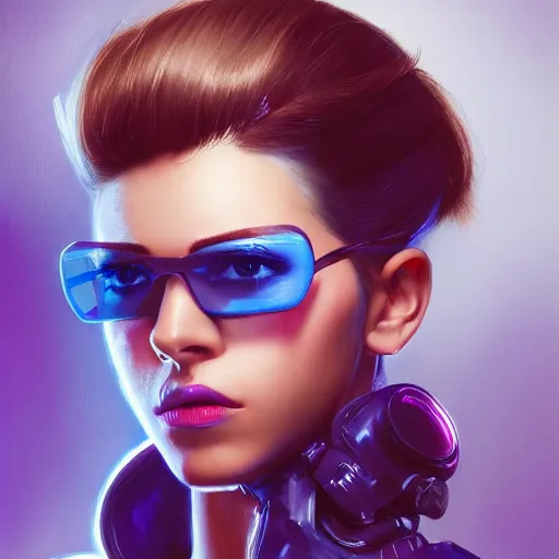 Image similar to very detailed masterpiece closeup painting of a very beautiful young mexican cyberpunk woman with light blue shutter shades, one side haircut, brown hair with light blue ends, purple leather jacket, beauty mark on cheek, portrait, synthwave background, artstation, concept art by greg rutkowski