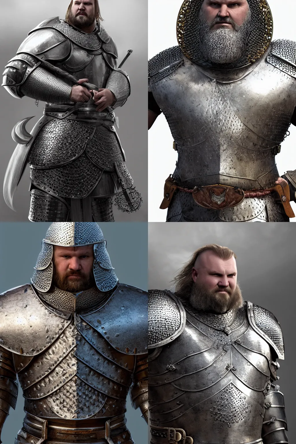 Prompt: Hafþór Júlíus Björnsson as a middle-aged knight in a chainmail hauberk and sabatons, highly detailed, artstation, concept art, character art, full view, sharp focus, 8K, octane render, unreal engine