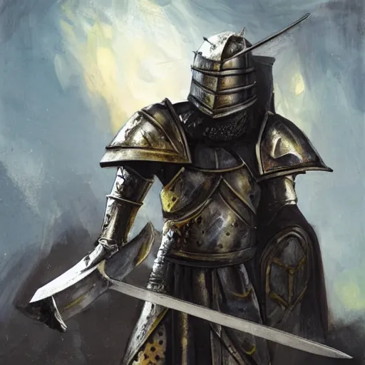 Prompt: a fantasy crusader knight in a broken down chapel holding a sword