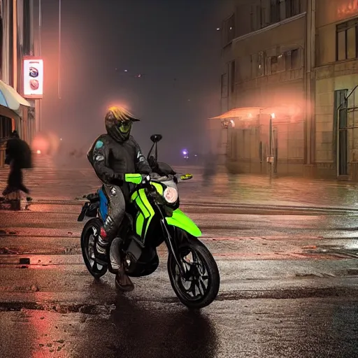 Prompt: highly detailed, photo realistic, futuristic drz 4 0 0 s at night in the rain driving on a city street, dense fog, unreal engine, by greg rutowski, by stanley artgerm, by alphonse mucha