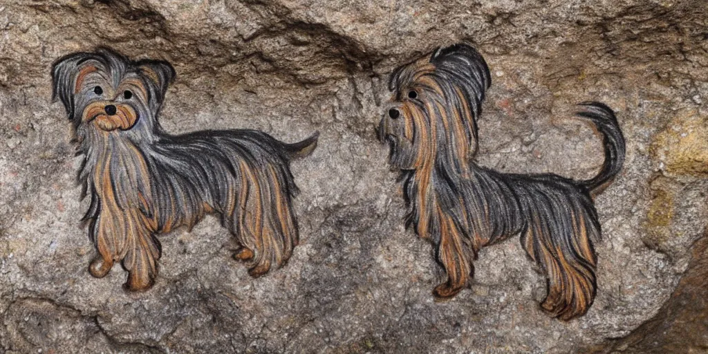 Image similar to A Yorkshire Terrier very roughly sketched on the wall of a cave, a petrogliph, stone art in red by Altamira Cave dwellers, stone art