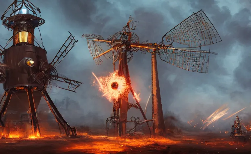 Image similar to a steampunk windmill spinning fast, robot, fire, ash, electricity lightning, furry, soft, concept art, sharp focus, intricate details, highly detailed, photorealistic, disney pixar, octane render, iridescent, anime, 8 k