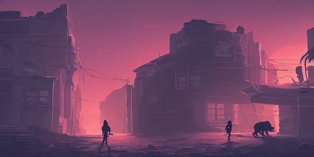 Image similar to a nuclear apocalypse with a lonely cat as the last survivor, mattepainting concept blizzard pixar maya engine on cold night stylized background splash comics global illumination lighting artstation lois van baarle, ilya kuvshinov, rossdraws